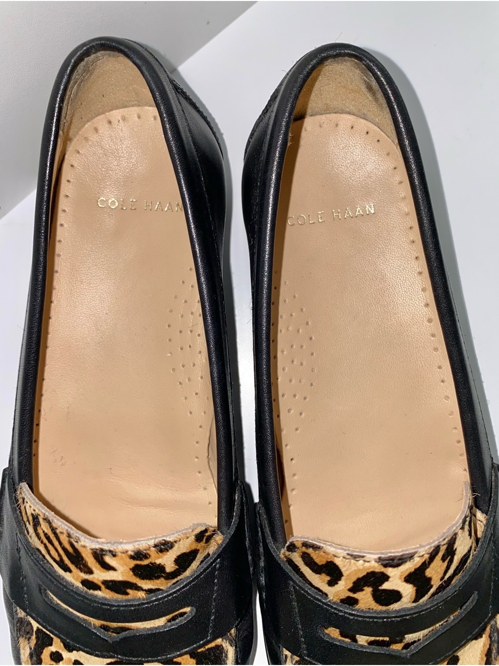 NWOT Cole Haan Black Leather Loafers with Leopard Print Calf Hair Vamp - Picture 6 of 10